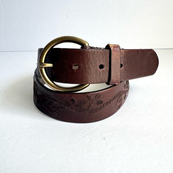 Vintage Brown Leather Belt Boho Embroidered Detail Gold Brass Tone Buckle Y2K - Picture 10 of 10
